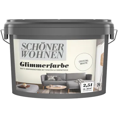 A bucket of paint with a lifestyle image of a living room on the label.