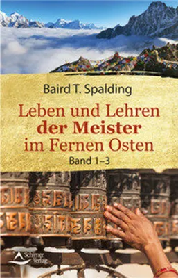 A book cover with a mountainous landscape and prayer wheels.