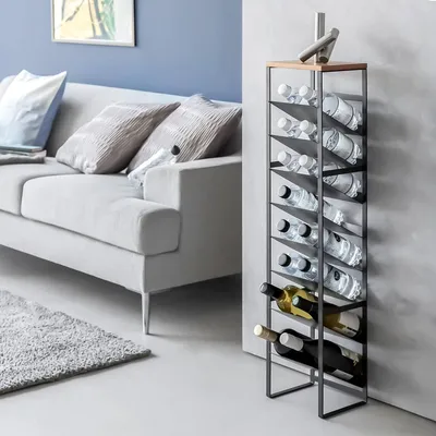 Immagine prodotto di Portabottiglie Yamazaki con 8 ripiani inclinati e mensola in legno Scaffale a nicchia 20x88x19cm nero