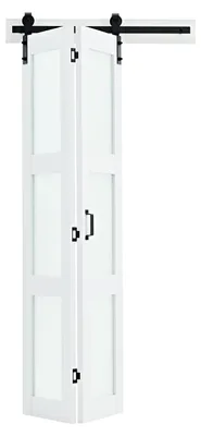Image de Porte coulissante pliante SucceBuy de style porte de grange, 914 x 2134 mm, MDF + verre trempé, avec kit de ferrures, design peu encombrant, panneaux pré-assemblés pour chambre à coucher et salon, couleur blanche