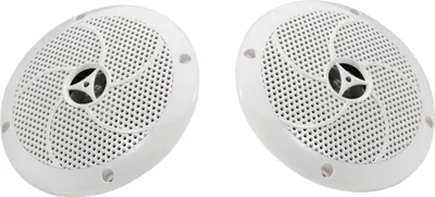 Two white oval speakers are shown against a white background.