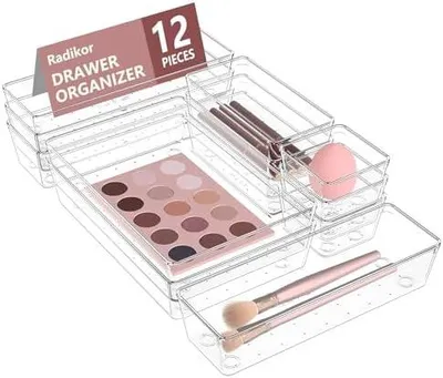 Produktbild von Schubladen Organizer, 12 Stücke Schminktisch Organizer in 4 Größen, Drawer Organizer, Make Up Organizer, Schubladen Ordnungssystem für Schreibtisch, Büro, Küchen, Bad