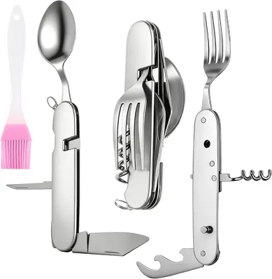 Produktbild von Camping Besteck, 6-in-1 Faltenbesteck Set, Edelstahl, Messer, Gabel, Löffel, Flaschenöffner, für Wandern