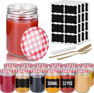 Produktbild von JOIEYOU Kleine Einmachgläser 12 Stück Set Mason Jar Rund Marmeladengläser mit Metall Deckel 350ml Mini Luftdichte Gläschen Transparent Einweckglas für Honig, Gewürze, Marmelade (Rot & Weiß Kariert)