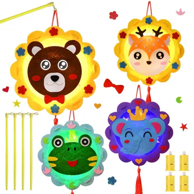 Laternen-Bastelset für Kinder, 4 Tiermotive mit LED und Stab