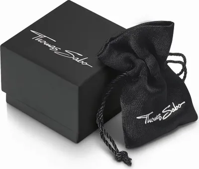 A black gift box and a black drawstring pouch with the Thomas Sabo logo.