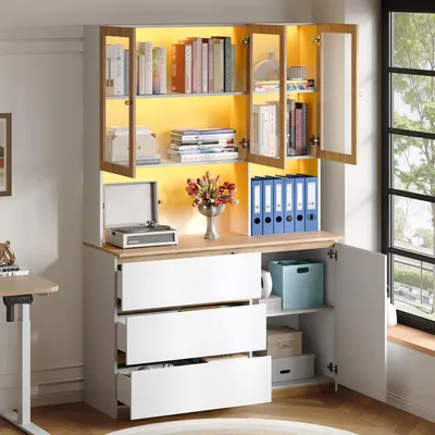 Image de Armoire haute Flieks avec éclairage LED et plan de travail prolongé, vitrine en verre, armoire haute de cuisine 120X40X200cm, blanc