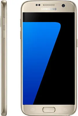 A side and front view of a gold Samsung Galaxy S7 smartphone against a white background.