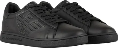 A pair of black sneakers is shown against a white background.