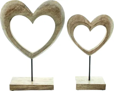 Produktbild von Holzdeko Herz, 2er Set, Mangoholz, naturbelassen, Metall, Mattschwarz Maße: Höhe 25 cm, 31 cm