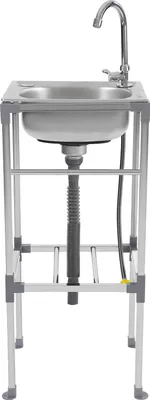 Zdjęcie produktu dla Wolnostojąca umywalka ze stali nierdzewnej – 42×37×83 cm – pojedyncza komora – z baterią – prostokątna – nośność 60 kg – jasnoszara