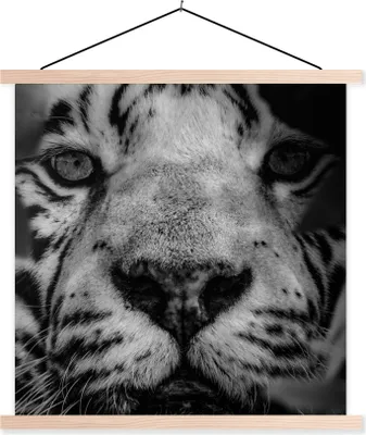 Produktbild von MuchoWow® Textilposter Dschungel - Tiger - Schwarz - Weiß 120x120 cm mit holzfarbenen Rahmen - Textil-Poster