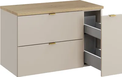 Produktbild von Badezimmer Waschtischunterschrank mit 80 cm Breite in kaschmir & Eiche, 2 Schubladen & 1 Auszug mit 2 Fächern - DURANGO-56