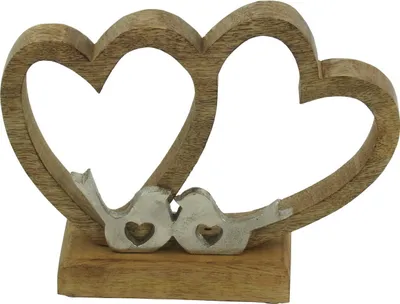 Produktbild von Deko Holz Herzen auf Sockel mit Metall Vögel Figur Skulptur Objekt Vogel Herz