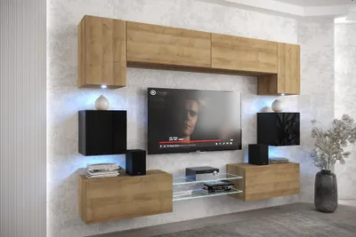 Immagine prodotto di Furnitech Parete attrezzata soggiorno - Mobili da soggiorno con LED Bianco - Parete attrezzata Moderna - Scaffali e mobile TV (Nowara ANX1-17DZB-HGM-35-1A)