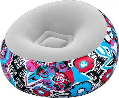 An inflatable chair with a colorful floral and geometric pattern.