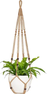 Image de Suspension pour plantes en macramé de 43 pouces, boules en bois marron, décoration d'intérieur et d'extérieur