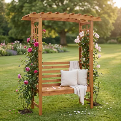 Produktbild von Rosenbogen mit Sitzbank HWC-Q21, Gartenbogen Rankhilfe Bank Gartenbank Holz - 201x160x60cm  natur