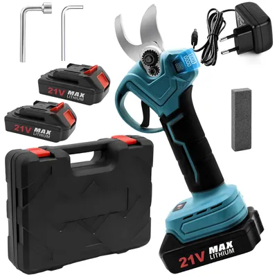 Produktbild von HDeye Elektrische Gartenschere kabellos, 21V, max. 32mm Schnittdurchmesser, Digitalanzeige, 2 Akkus, SK5-Stahl, blau, für Baumschnitt & Gartenarbeit