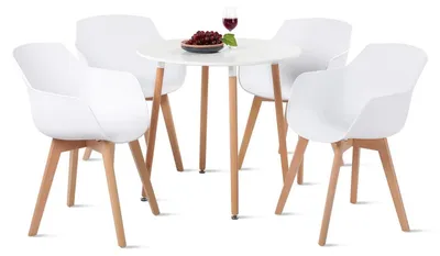Image de Ensemble de salle à manger : 4 chaises de style scandinave et une table ronde, de couleur blanche