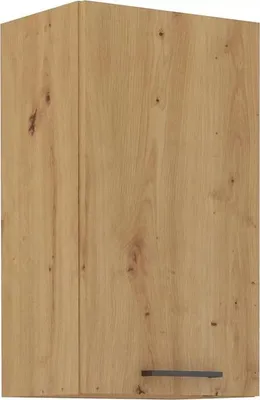 A close-up, studio shot of a single kitchen cabinet door with a wood grain texture and a dark handle.