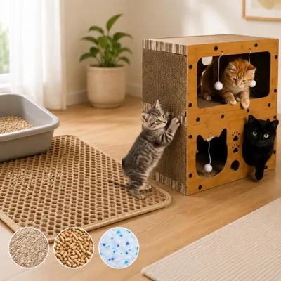 Image de Ensemble litière et griffoir pour chat (2 pièces) – Tapis pour litière 60 x 45 cm et tour à griffes à deux étages
