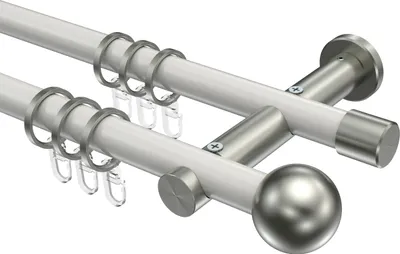 Produktbild von Interdeco Gardinenstange / Vorhangstange Weiß / Edelstahl-Optik, Typ Platon Luino (Kugel), 20 mm Ø 2-läufig, 280 cm