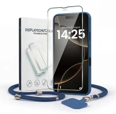 Produktbild von Handyhülle für Apple iPhone 17 Pro mit Handykette und 9H Displayglas Displayschutz Band Kordel Hülle Case Schutzhülle Blau