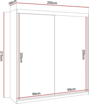 A diagram of a white sliding door wardrobe with dimensions indicated.