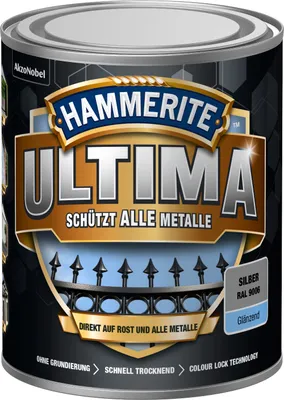 Produktbild von Hammerite Metallschutzlack Ultima Glänzend, Hochwertiger Schutzlack für alle Metalle im Außenbereich, Silber, RAL 9006, 750 ml