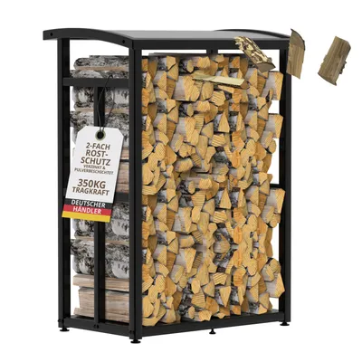 Produktbild von Kaminholzregal Terrasse und Balkon 91×56×117 cm mit Dach Stellfüße Metall verzinkt für 25cm Brennholz Garten Holzunterstand schwarz platzsparend