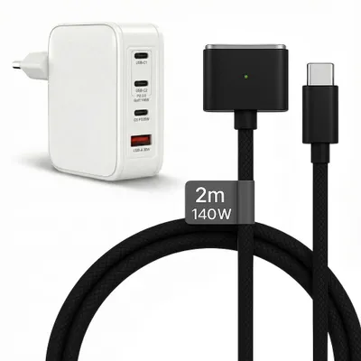 Produktbild von 120W USB C Ladegerät 4-Port + 140W MagSafe 3 Kabel Schwarz 2m für MacBook Pro Air M1 M2 M3 M4 M5 – Netzteil Adapter 3x USB-C 1x USB-A