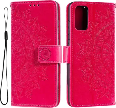 A pink flip case for a Samsung Galaxy M23 5G phone, decorated with a mandala pattern, shown open and closed.