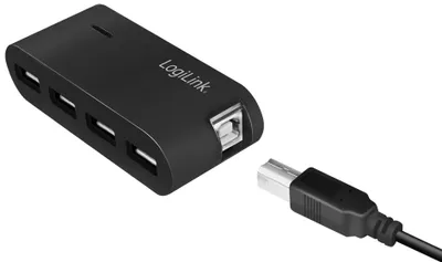A black LogiLink USB 2.0 hub with four ports is shown, with a USB cable extending from it.