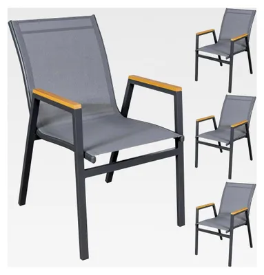 Produktbild von Gartenstuhl 4er-Set, stapelbar, Aluminium Anthrazit, Textilene Grau, Armlehnen Holzoptik Natur, wetterfest und pflegeleicht, ideal für Garten, Terrasse und Balkon