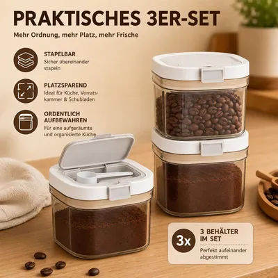 Produktbild von 3er-Set Kaffeedosen luftdicht, 800ml Kaffeedosen, mit Löffel, stapelbar, BPA-frei – Vorratsdosen & Aromaschutz für Kaffee & Tee