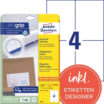 Immagine prodotto di Avery Zweckform® 6120 6120 Etichette universali ultragrip - 105 x 148 mm, bianco, 120 etichette, permanenti