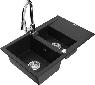 Produktbild von Mexen Gaspar 1,5-Becken-Granitspüle mit Abtropffläche und Mischbatterie Elia, Schwarz - 6507-77-670101-00