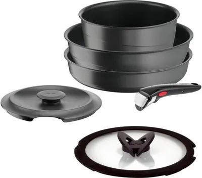 A set of cookware including pots, a lid, a handle, and a glass lid with a handle.