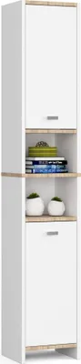 Produktbild von Badezimmerschrank – Badschrank – Badmöbel Schrank – Hochschrank – BETI – 32 cm – Weiß Matt – Schmaler Hochschrank mit Türen und offenen Fächern