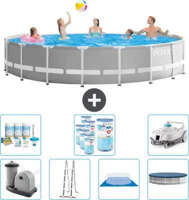 Produktbild von Intex Round Prism Frame Swimming Pool – 548 x 122 cm – Grau – inklusive Pumpe – Leiter – Bodenplane – Abdeckung Wartungspaket - Filter - Staubsauger