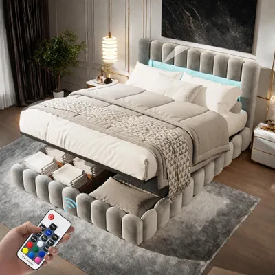 Image de Lit 180 x 200 cm - Lit rembourré avec coffre de rangement - Éclairage LED - Port de recharge USB - Système de levage hydraulique - Velours - Gris