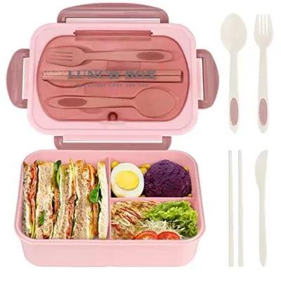 Produktbild von Bento Lunchbox 1000 ml auslaufsicher, BPA-frei, 3 Fächer Büro & Schule inkl. Besteck Mikrowellen & spülmaschinengeeignet, rosa