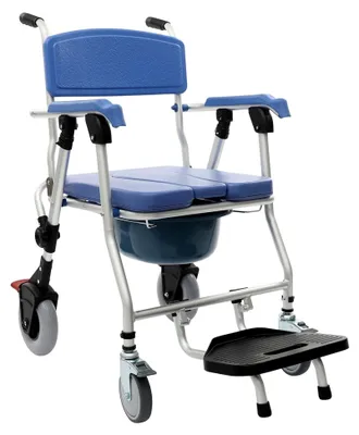 Produktbild von Fahrbarer klappbarer Duschrollstuhl mit Rollen und Toiletteneimer für Senioren, gepolsterte Sitzfläche, maximale Tragfähigkeit über 150 kg