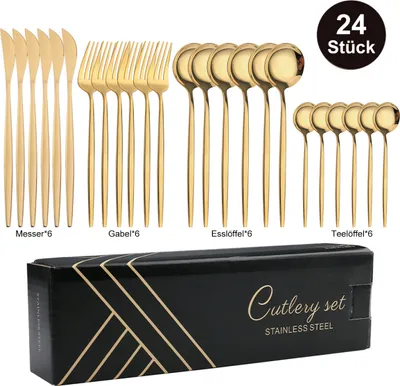 A set of gold-colored cutlery displayed on a white background, with a product box shown below.