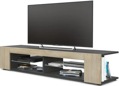 Produktbild von Vladon Lowboard Movie, TV-Kommode mit 4 offenen Fächern und Zierleisten, Schwarz matt/Eiche Sägegrau (134 x 29 x 39 cm)