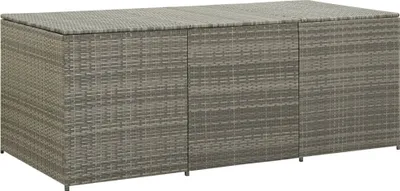 A long, rectangular storage box made of grey woven material, with three distinct lid sections.