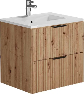 Produktbild von Rillenförmiger Bad-Hängeschrank mit Waschbecken - Natürliches Licht - 60 cm - ZEVARA