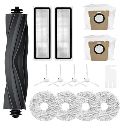 A collection of robot vacuum cleaner replacement parts arranged on a white background.