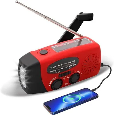 Imagen del producto de VHV - Noodradio - Radio AM/FM con manivela solar - Linterna LED de 3 luces y batería de 600mAh - Ideal para camping